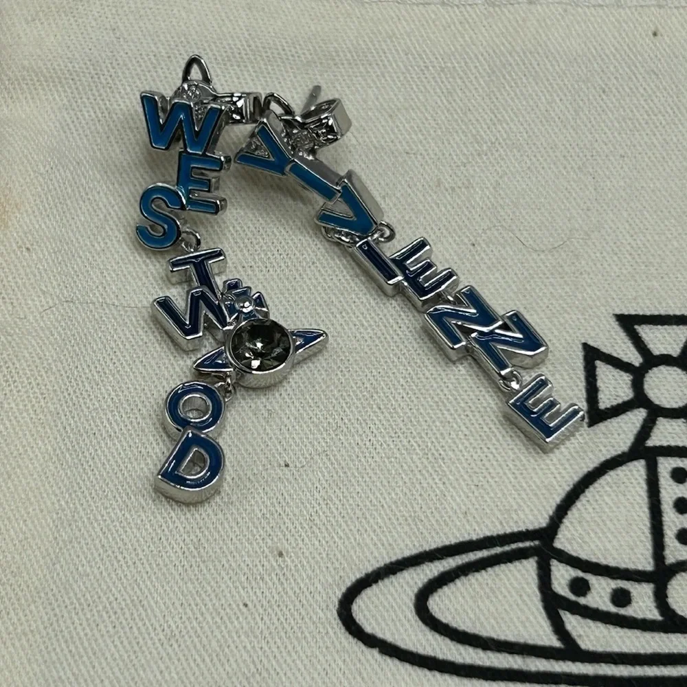 VIVIENNE WESTWOOD Soho Enamel Drop Logo Letter Earrings Blue Silver Crystal Orb - Picture 7 of 14